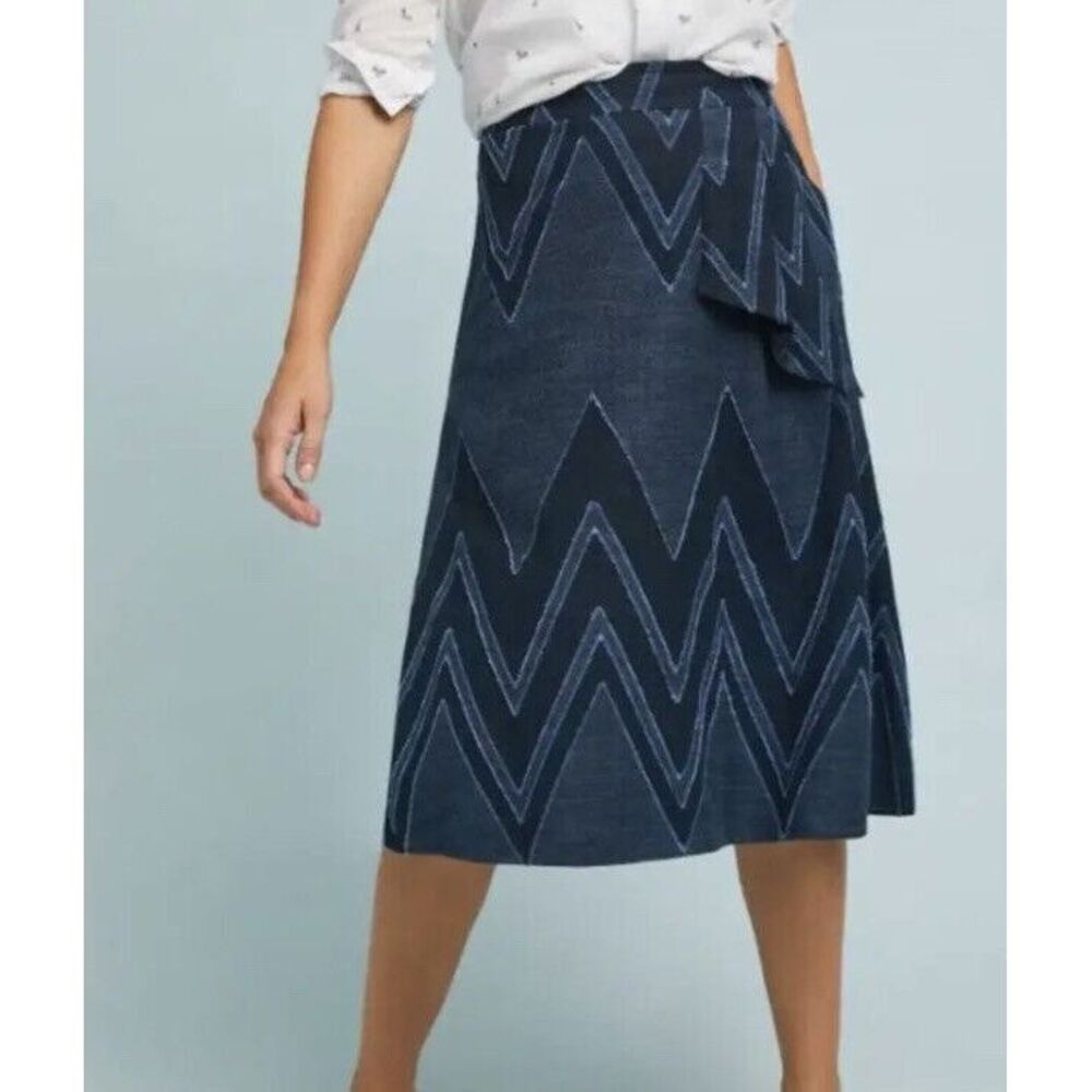 Eva Franco Anthropologie Textured Chevron Midi Skirt w/ Pockets Blue Sz 10P